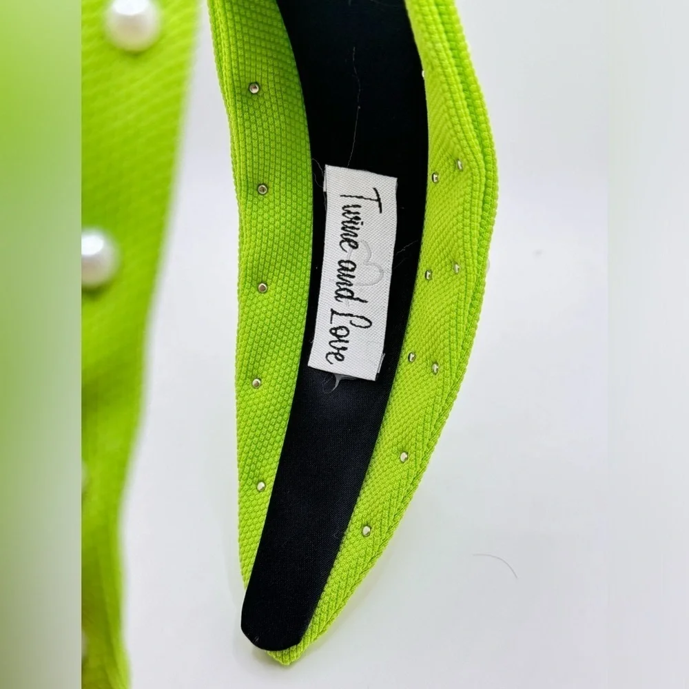 Neon Lime White Pearl Knot Headband